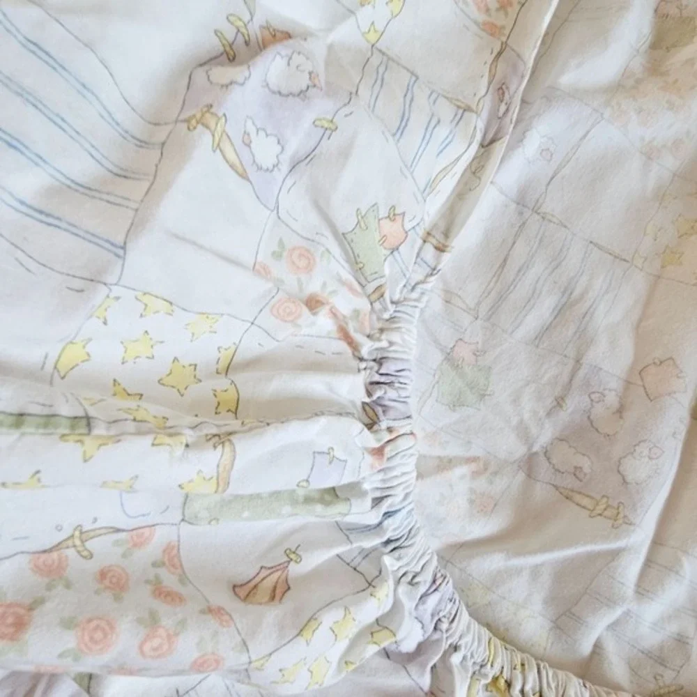 Vtg Boyds Bears Fitted Sheet & Crib Skirt Ruffled Patchwork Pastel Sheep Bedding